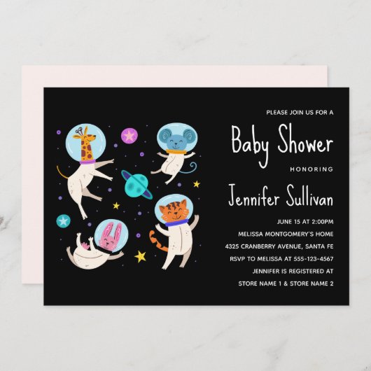 かわいい宇宙飛行士の動物を宇宙の赤ちゃんシャワー 招待状 (正面/裏面)
