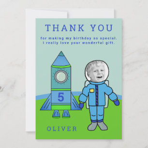 かわいい宇宙飛行士の少年ロケット誕生日あなたの写真 サンキューカード