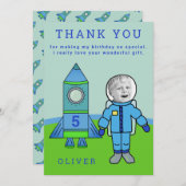 かわいい宇宙飛行士の少年ロケット誕生日あなたの写真 サンキューカード (正面/裏面)