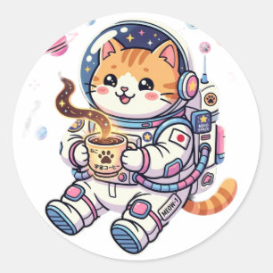 かわいい宇宙飛行士の猫がコーヒーを飲むクラシックラウンドS ラウンドシール