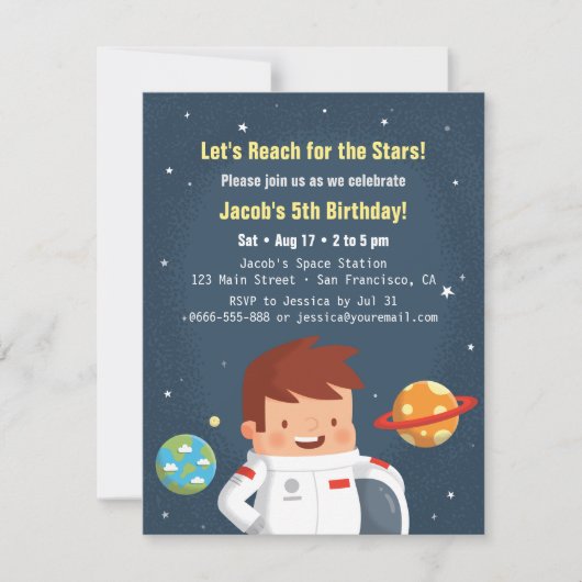 かわいい宇宙飛行士の男の子のスペースキッズの誕生日招待状 招待状 (正面)