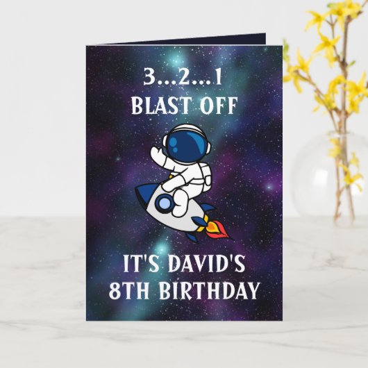 かわいい宇宙飛行士グリーンパープル銀河系8誕生日 カード (黄色い花)