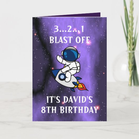 かわいい宇宙飛行士パープルブラック銀河系8誕生日 カード (正面)