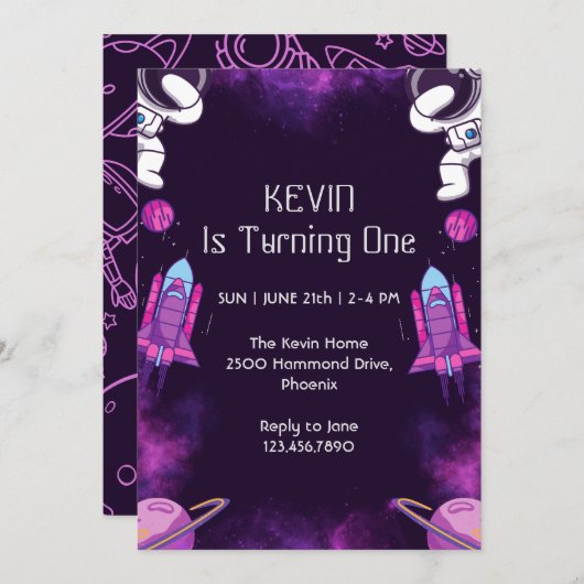 かわいい宇宙飛行士ファースト誕生日招待状 招待状 (正面/裏面)
