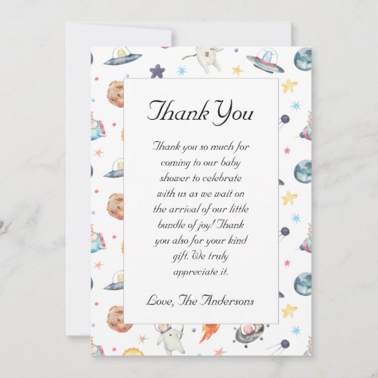 かわいい宇宙飛行士ベビーシャワーサンキューカード サンキューカード (正面)
