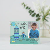 かわいい宇宙飛行士ロケットボーイありがとう誕生日写真 ポストカード (スタンド正面)