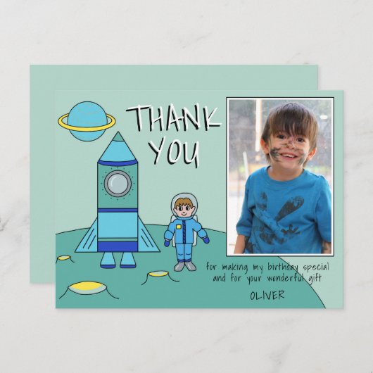 かわいい宇宙飛行士ロケットボーイありがとう誕生日写真 ポストカード (正面/裏面)