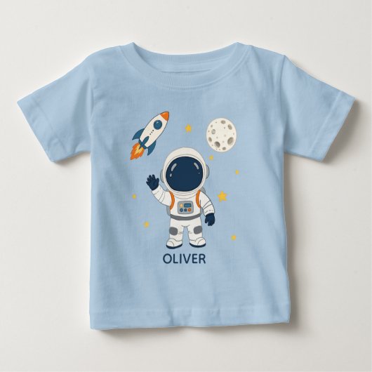 かわいい宇宙飛行士ロケット月宇宙冒険の名前 ベビーTシャツ (正面)