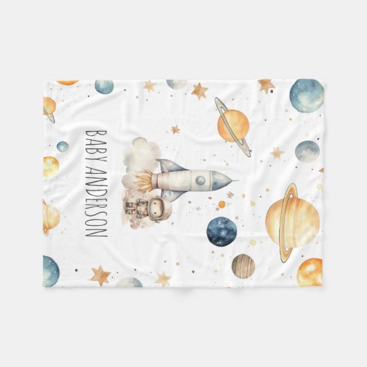 かわいい宇宙飛行士宇宙モノグラムボーイズ フリースブランケット (正面(横))