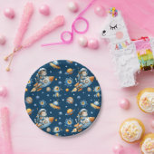 かわいい宇宙飛行士猫の宇宙銀河柄ネイビーブルー ペーパープレート (パーティー)