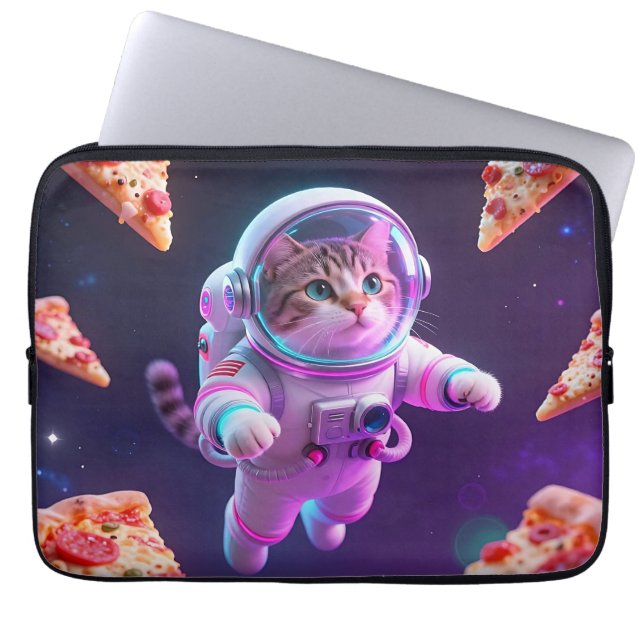 かわいい宇宙飛行士猫の浮かぶピザの宇宙冒険 ラップトップスリーブ (正面)
