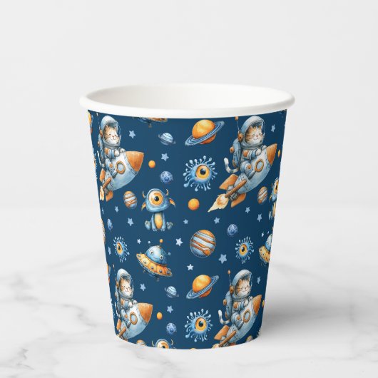 かわいい宇宙飛行士猫の銀河柄スペースネイビーブルー 紙コップ (正面)