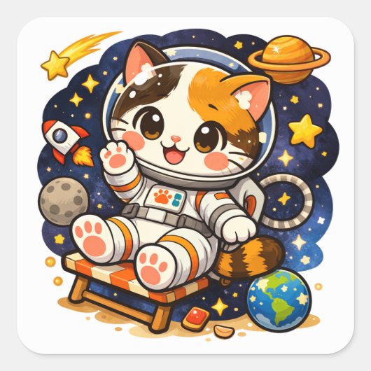 かわいい宇宙飛行士猫 | スペースキャットイラスト スクエアシール (正面)