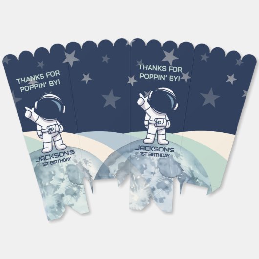かわいい宇宙飛行士誕生日ポップコーン フェイバーボックス (見開き)