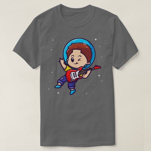 かわいい宇宙飛行士遊少年のギター漫画 Tシャツ (デザイン正面)