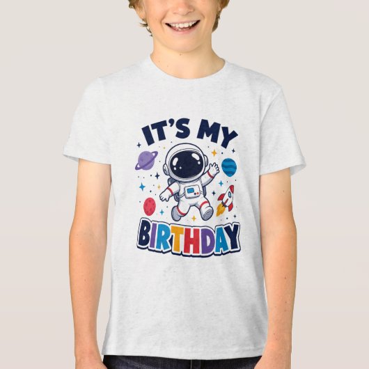 かわいい宇宙飛行士 外宇宙 お誕生日おめでとう キッズ トライブレンドTシャツ (正面)