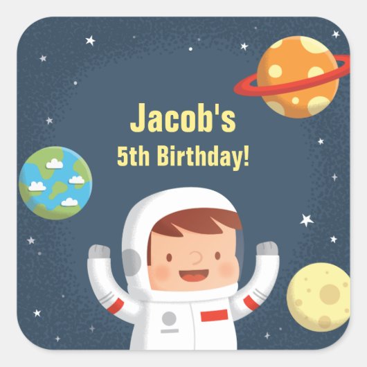 かわいい宇宙飛行士 銀河 宇宙 少年の誕生日ステッカー スクエアシール (正面)