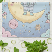 かわいい宇宙 - 宇宙飛行士と笑顔の月 キッチンタオル (折り畳み)
