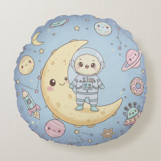 かわいい宇宙 - 宇宙飛行士と笑顔の月 ラウンドクッション (正面)