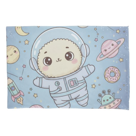 かわいい宇宙 - 宇宙飛行士と笑顔の月 枕カバー (正面)