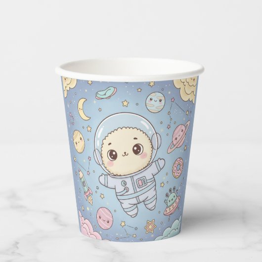 かわいい宇宙 - 宇宙飛行士と笑顔の月 紙コップ (正面)
