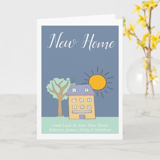 かわいい家と木をテーマにした新しい家パーソナライズされた カード (黄色い花)