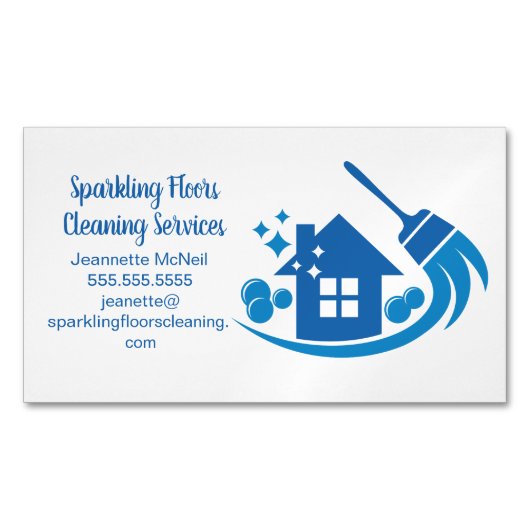 かわいい家のメイドサービス青い箒 マグネット名刺 (正面)