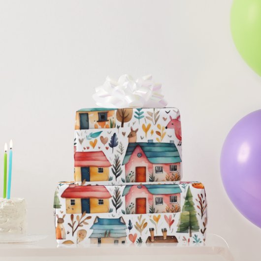 かわいい家の花の動物ラッピング紙 ラッピングペーパー (パーティーギフト)