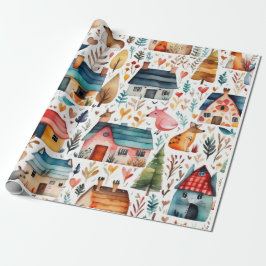 かわいい家の花の動物ラッピング紙 ラッピングペーパー