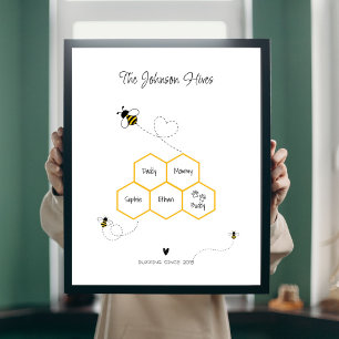 かわいい家族とペットの名前のサイン – Bee Hive ポスター