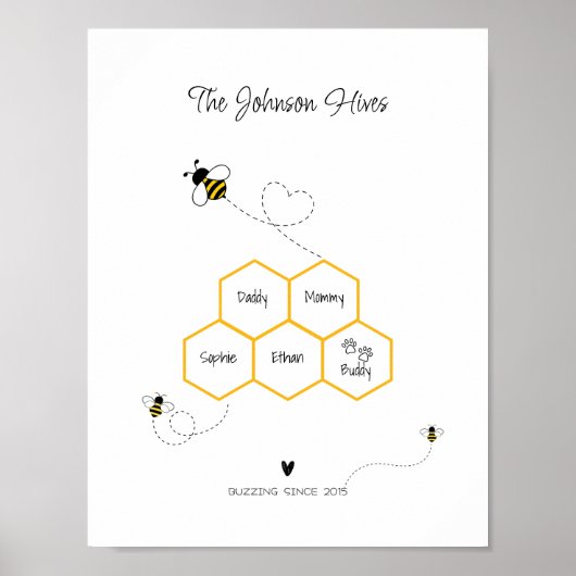 かわいい家族とペットの名前のサイン – Bee Hive ポスター (正面)