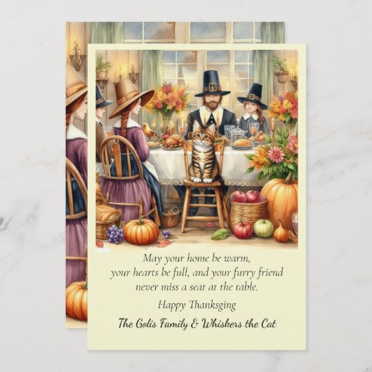 かわいい家族と猫感謝祭ホリデーカード シーズンカード (正面/裏面)