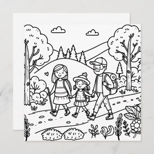 かわいい家族のハイキングとキャンプのカラーリングページ (正面/裏面)