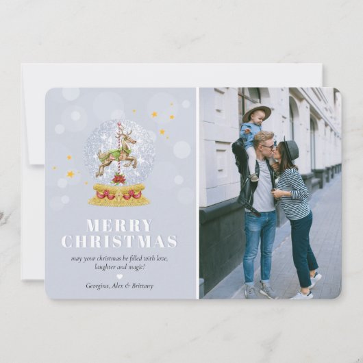 かわいい家族の写真のスノードーム　メリークリスマス シーズンカード (正面)