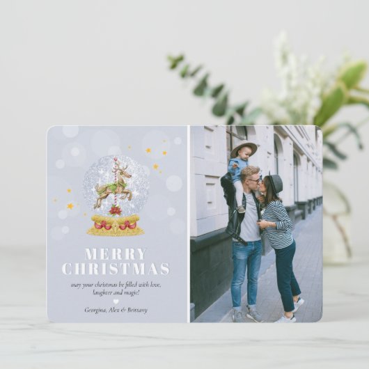 かわいい家族の写真のスノードーム メリークリスマス シーズンカード (スタンド正面)
