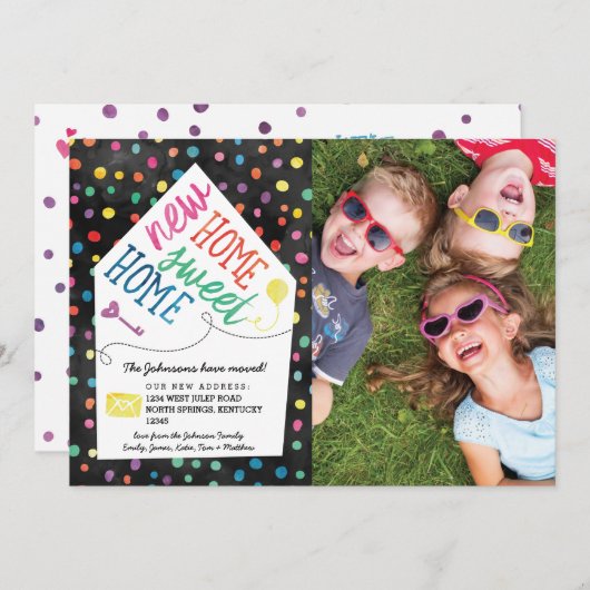 かわいい家族の写真を動かすアナウンス – Rainbow 案内状 (正面/裏面)