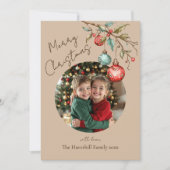 かわいい家族の写真フレームベージュウォーターカラークリスマス シーズンカード (正面)