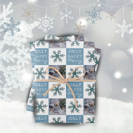かわいい家族の写真 青い雪の結晶のクリスマス ラッピングペーパーシート