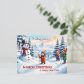 かわいい家族の子供たち雪だるまメリークリスマス シーズンポストカード (スタンド正面)