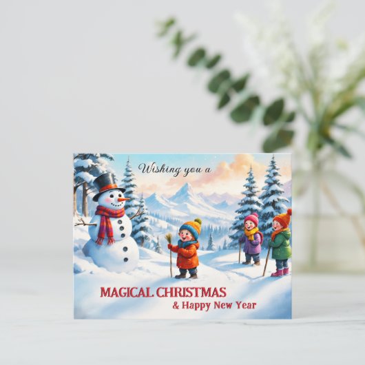 かわいい家族の子供たち雪だるまメリークリスマス シーズンポストカード (スタンド正面)