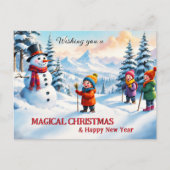 かわいい家族の子供たち雪だるまメリークリスマス シーズンポストカード (正面)