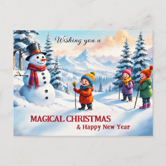 かわいい家族の子供たち雪だるまメリークリスマス シーズンポストカード (正面)