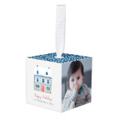 かわいい家族の家の青い写真クリスマス キューブオーナメント (正面アングル)