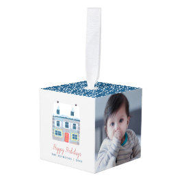 かわいい家族の家の青い写真クリスマス キューブオーナメント