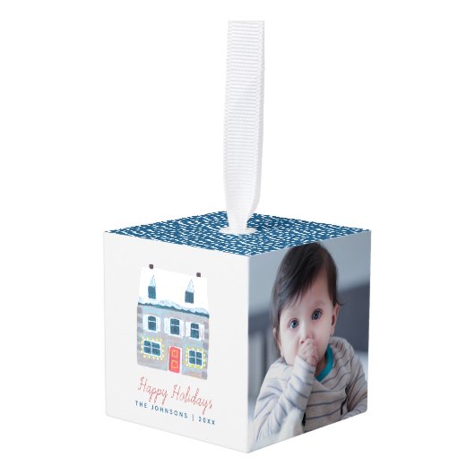 かわいい家族の家の青い写真クリスマス キューブオーナメント (正面アングル)