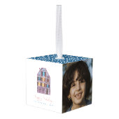 かわいい家族の家の青い写真クリスマス キューブオーナメント (裏面アングル)