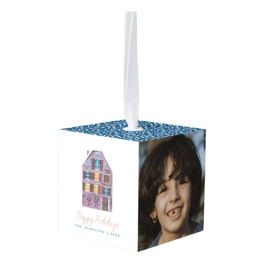 かわいい家族の家の青い写真クリスマス キューブオーナメント (裏面アングル)