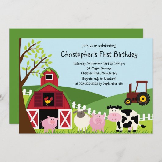 かわいい家畜のバースデーパーティ招待状 招待状 (正面/裏面)