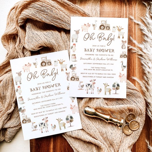 かわいい家畜の赤男女兼用ちゃんシャワー 招待状