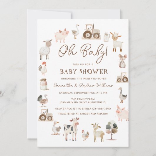 かわいい家畜の赤男女兼用ちゃんシャワー 招待状 (正面)